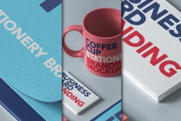 A three-panel split image showcasing a Stationery Branding Mockup PSD set. The left panel features a blue textured card, the center shows a pink coffee mug and business cards, and the right displays a stack of textured white papers with red and blue text.