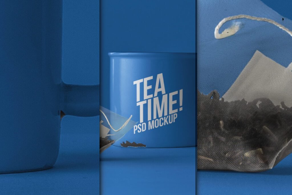 A multi-panel Tea Mug Mockup set. The center panel features a blue mug with "TEA TIME! PSD MOCKUP" text. The left panel shows a blurred part of the mug, and the right panel shows a close-up of a tea bag with loose leaves.