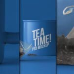 A multi-panel Tea Mug Mockup set. The center panel features a blue mug with "TEA TIME! PSD MOCKUP" text. The left panel shows a blurred part of the mug, and the right panel shows a close-up of a tea bag with loose leaves.
