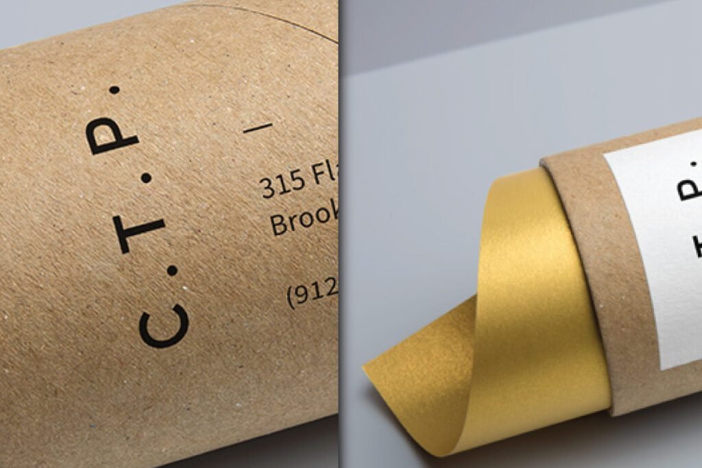 Realistic Cardboard Foil Tube Packaging Mockup PSD showing a brown cardboard tube with a white label and gold foil peeking out from one end. The label has an address.