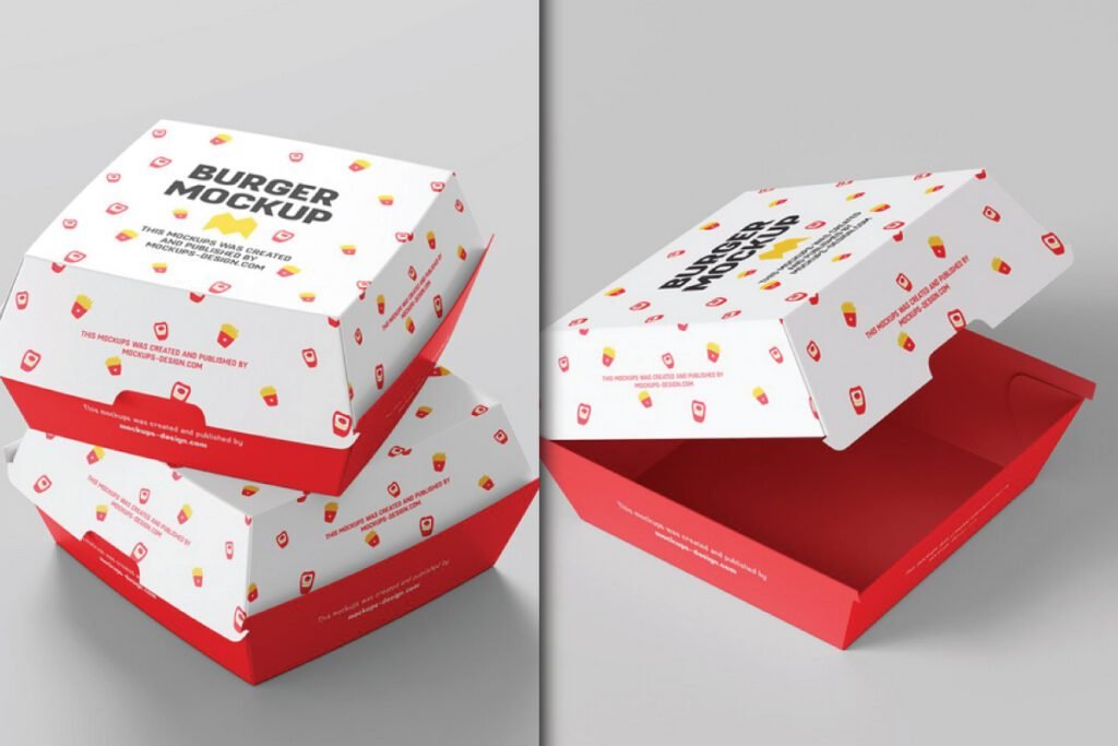 Realistic Fast Food Box Mockup PSD: Two views of white and red burger boxes, one stacked and one open.