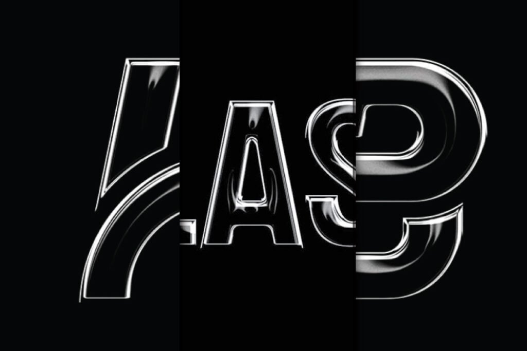 A close-up view of a letter 'A' rendered with a shiny, reflective glass effect against a deep black background, showcasing a Realistic Glass Logo Mockup.