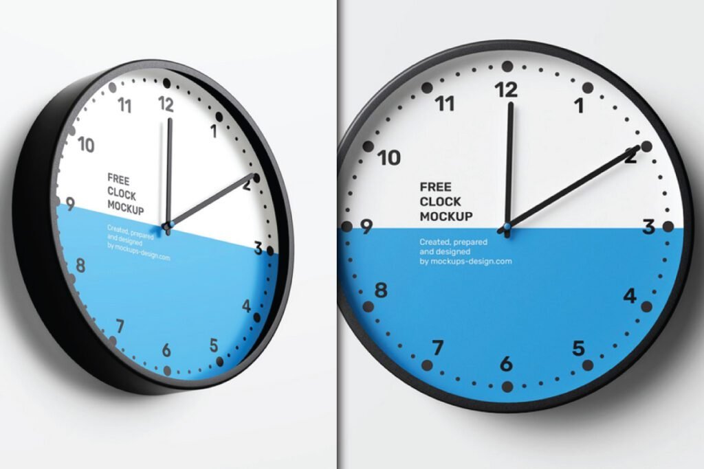 Two best realistic round wall clock mockup PSDs, one at an angle and one head-on. Both clocks have a black frame, a white face with black numbers and hands, and a blue lower half, with the text FREE CLOCK MOCKUP.