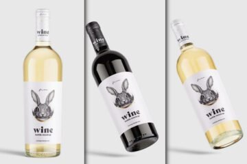 Three wine bottles are displayed: two with white wine and one with red wine, each featuring a white label with a rabbit illustration, showcasing the Realistic Clean Wine Bottle Mockup PSD.