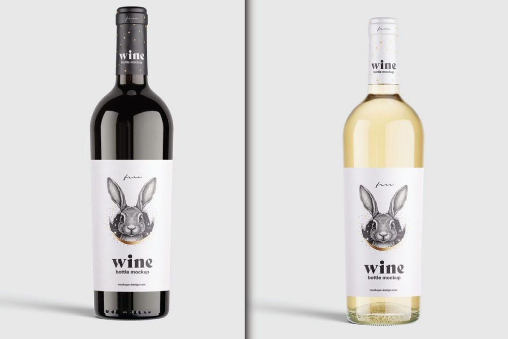 A dark wine bottle and a light wine bottle are displayed side-by-side, each with a white label featuring a rabbit illustration, showcasing the Realistic Clean Wine Bottle Mockup PSD.