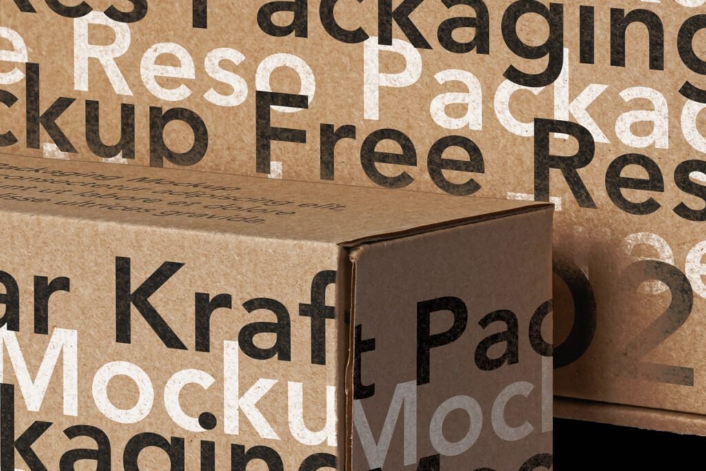 Close-up of Kraft cardboard boxes covered in black and white typographic patterns, with words like "Packaging," "Mockup," and "Free Resource" visible, highlighting the textured paper.