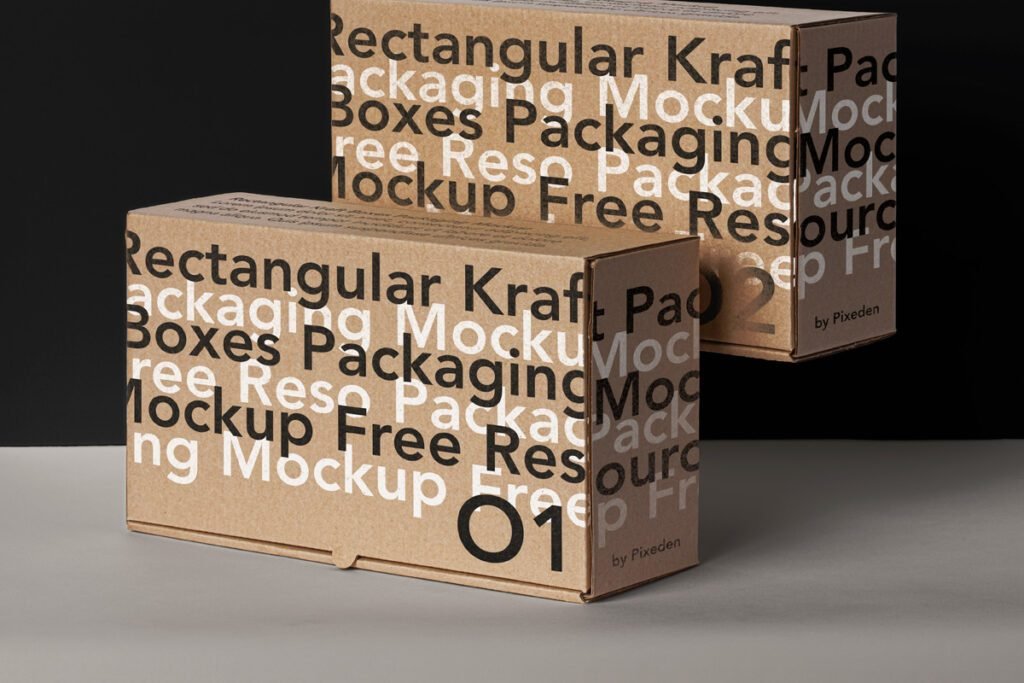 Two Kraft rectangular boxes with "Rectangular Kraft Packaging Mockup Free Resource
