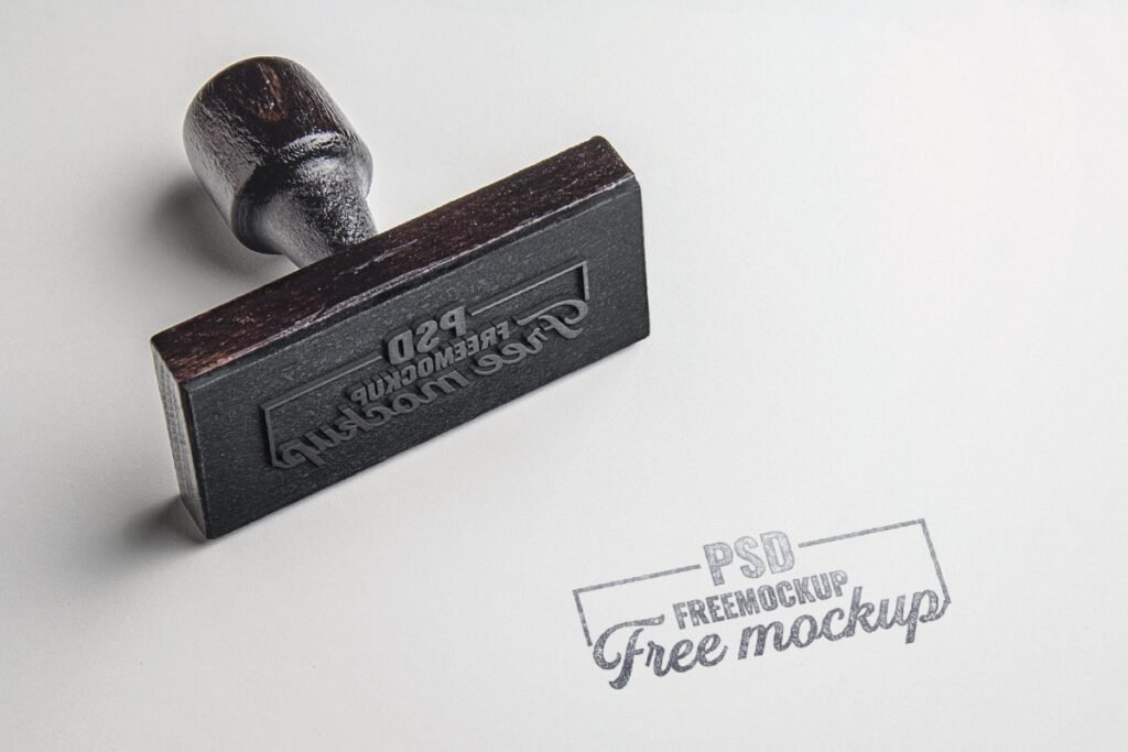 Rectangular Rubber Stamp MockUp PSD displaying a brown wooden handle with a black rubber base, featuring a reversed custom text design.