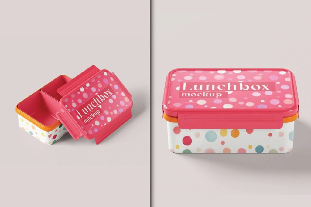 A colorful tiffin lunch box mockup, shown both open with its lid alongside, and closed from a front view.