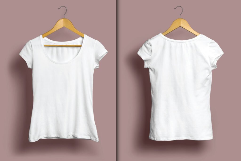 Hanging Women’s T-Shirt Mockup PSD displays a white women's t-shirt hanging on a wooden hanger, shown from both front and back views.