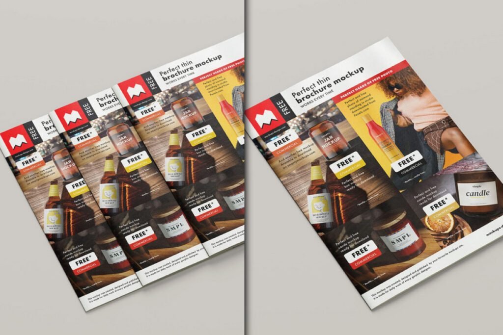 Multiple thin brochure mockups, fanned out, showcasing product advertisements.