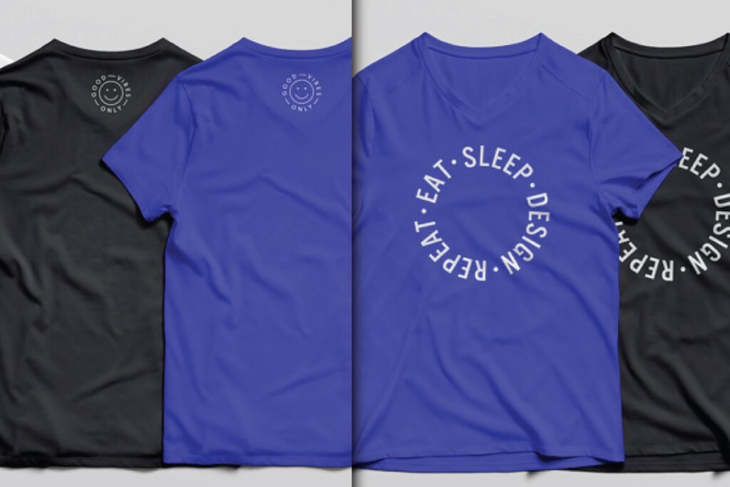 V-Neck T-Shirt Mockup PSD Front and Back View, featuring a blue v-neck t-shirt with Sleep, Design, Eat, Repeat text, flanked by black t-shirts with Good Vibes Only back print.