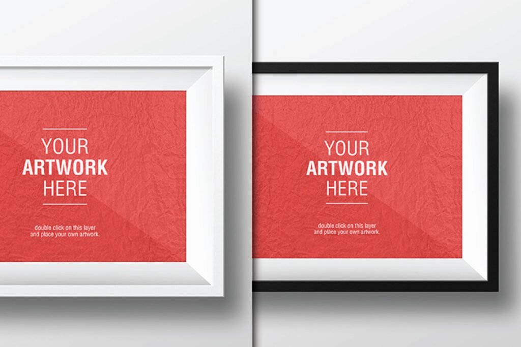 : White and Black Artwork Frame Mockups PSD shows a white framed artwork with a red crumpled paper texture, featuring the text YOUR ARTWORK HERE, displayed next to a black framed artwork with the same design.