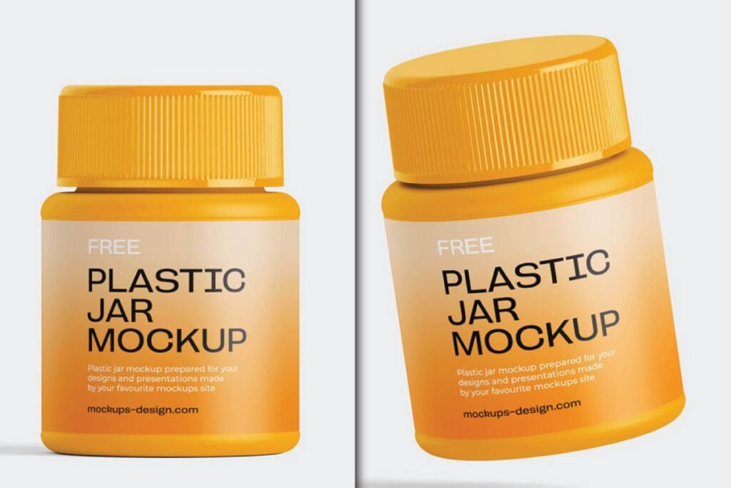 Two yellow plastic jars with screw caps are displayed, each labeled FREE PLASTIC JAR MOCKUP. One jar stands upright, and the other is tilted, showcasing a Small Supplement Vitamin Jar Mockup PSD.