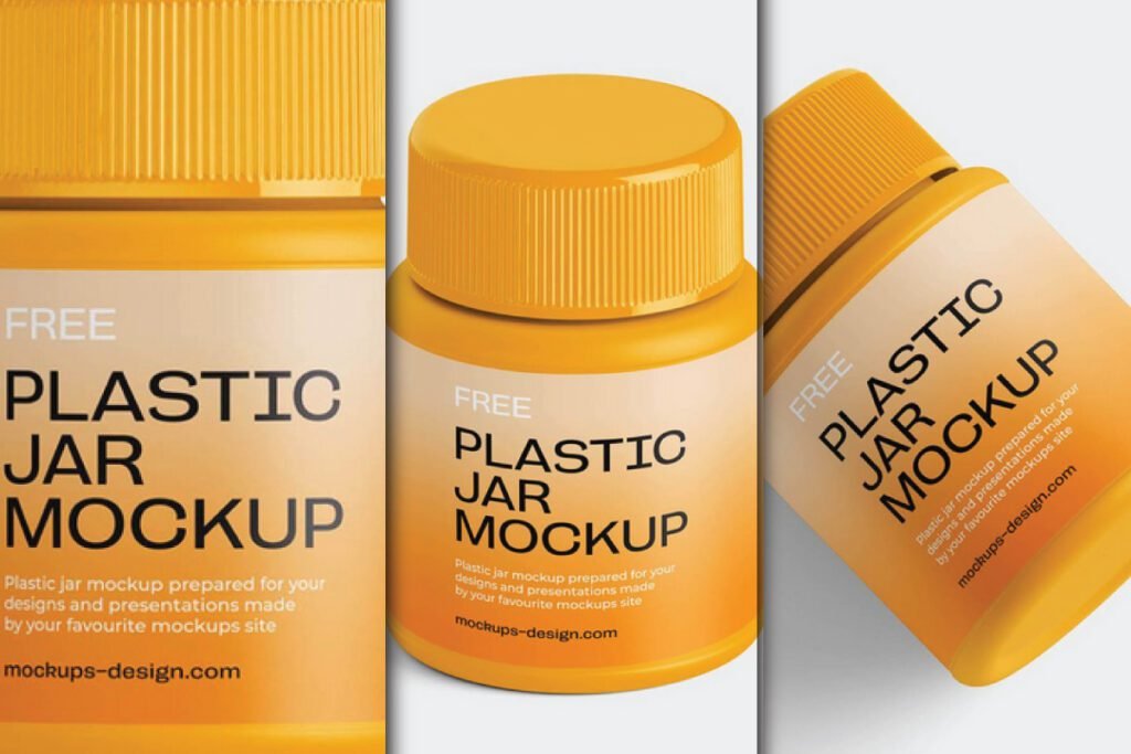 Three yellow plastic jars with screw caps are shown, labeled FREE PLASTIC JAR MOCKUP. The image displays a Small Supplement Vitamin Jar Mockup PSD from different angles.