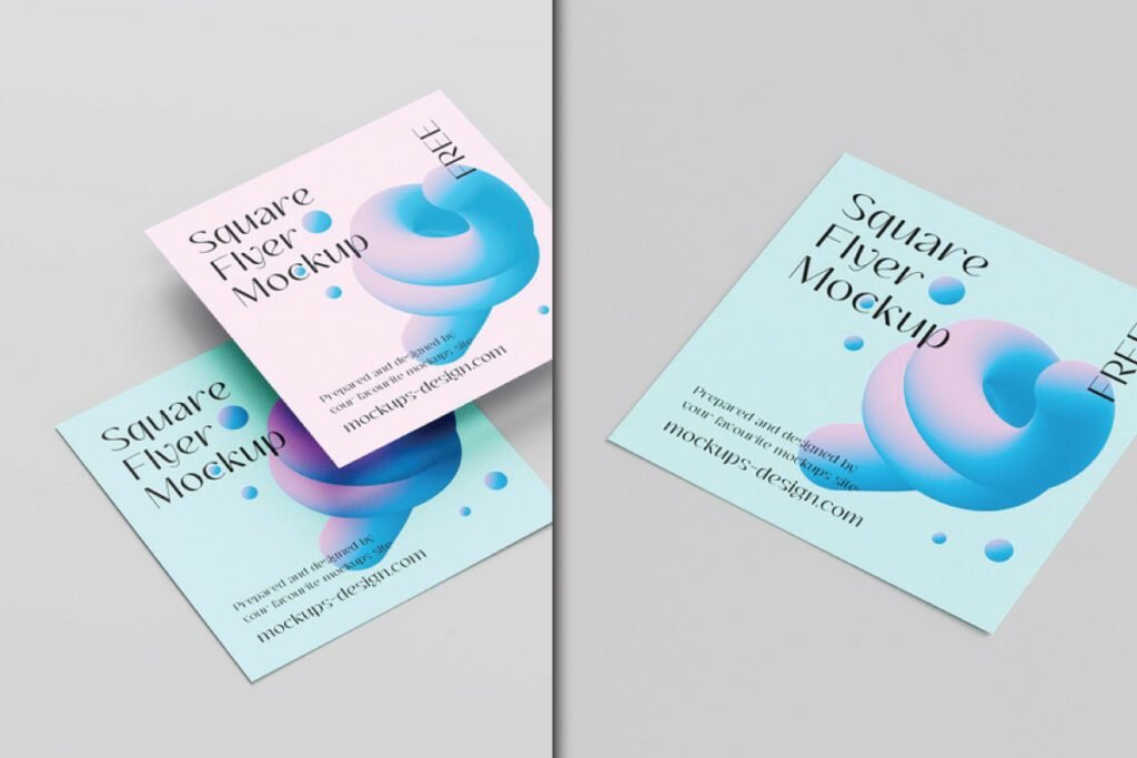 Square Social Media Flyer Mockup PSD displaying two flyers, one light pink and one light blue, with abstract 3D elements.