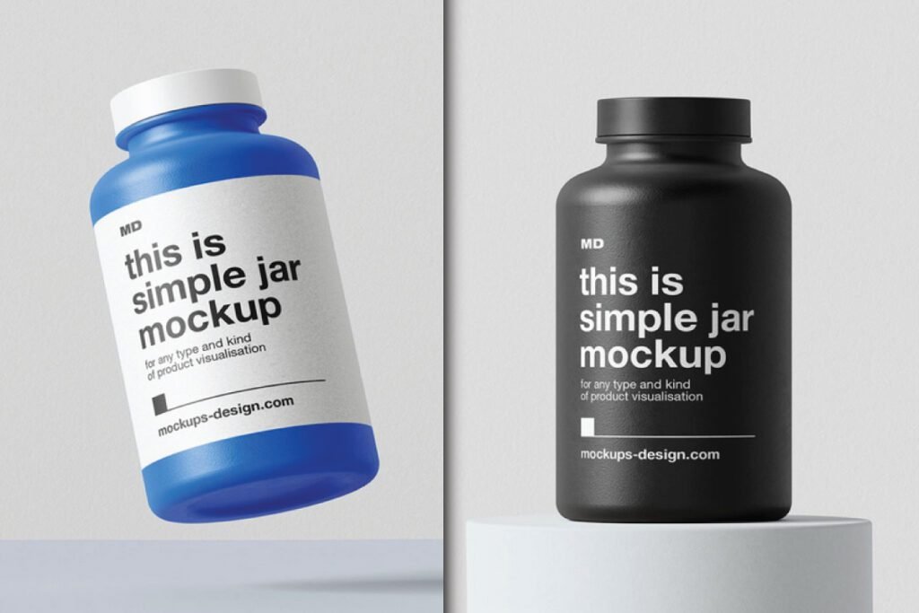 A floating blue supplement container jar mockup PSD with a white label and a black supplement container jar mockup PSD with a white label on a white cylindrical stand.