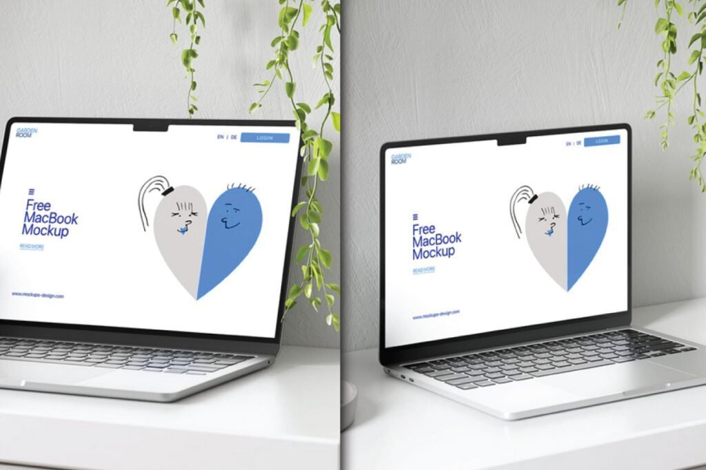 Two silver Macbooks, each displaying a white screen with a half-blue, half-grey heart illustration, are shown in a sustainable workspace with green vines, highlighting the Sustainable Workspace Macbook Mockup PSD.