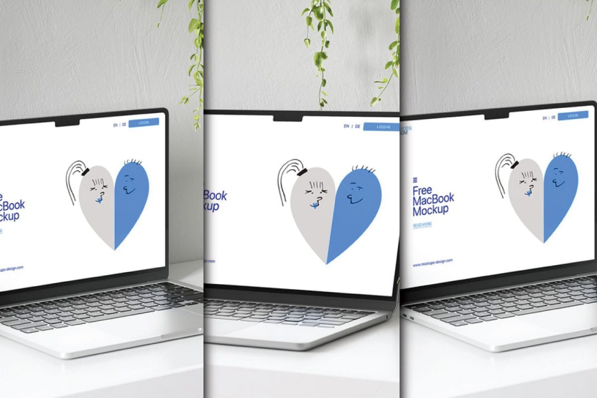 Three instances of a silver Macbook, each displaying a white screen with a half-blue, half-grey heart illustration, presented in a sustainable workspace setting, showcasing the Sustainable Workspace Macbook Mockup PSD.