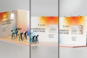 A collection of three distinct trade show exhibition stand mockup PSDs, each showcasing different angles and features of a modern booth design. The mockups highlight customizable elements, including a backdrop with a colorful gradient, lighting, and an area with bar stools and a table.