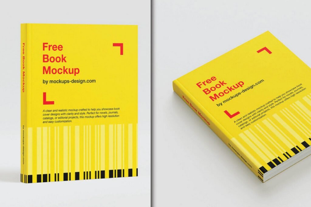A two-panel Story Book Mockup showing a vibrant yellow book. The left panel displays the book upright, showcasing its front cover with "Free Book Mockup" text and a barcode pattern. The right panel shows the same book at an angle, revealing the spine and part of the back cover.