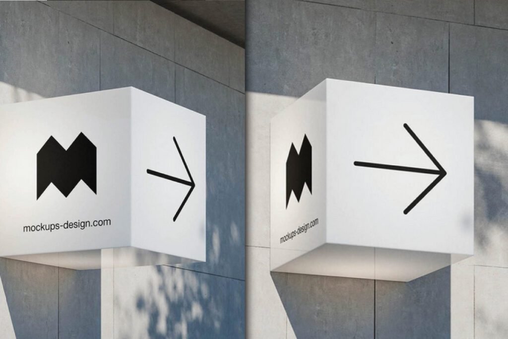 A diptych displaying two views of a white cube signboard mounted on a textured gray wall, serving as a Cube Signboard Mockup.