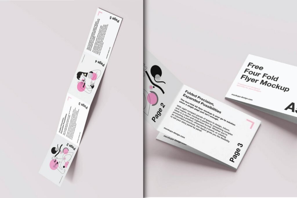 A diptych displaying a white A5 four-fold flyer on a light gray surface, serving as an A5 Four-Fold Flyer Mockup.