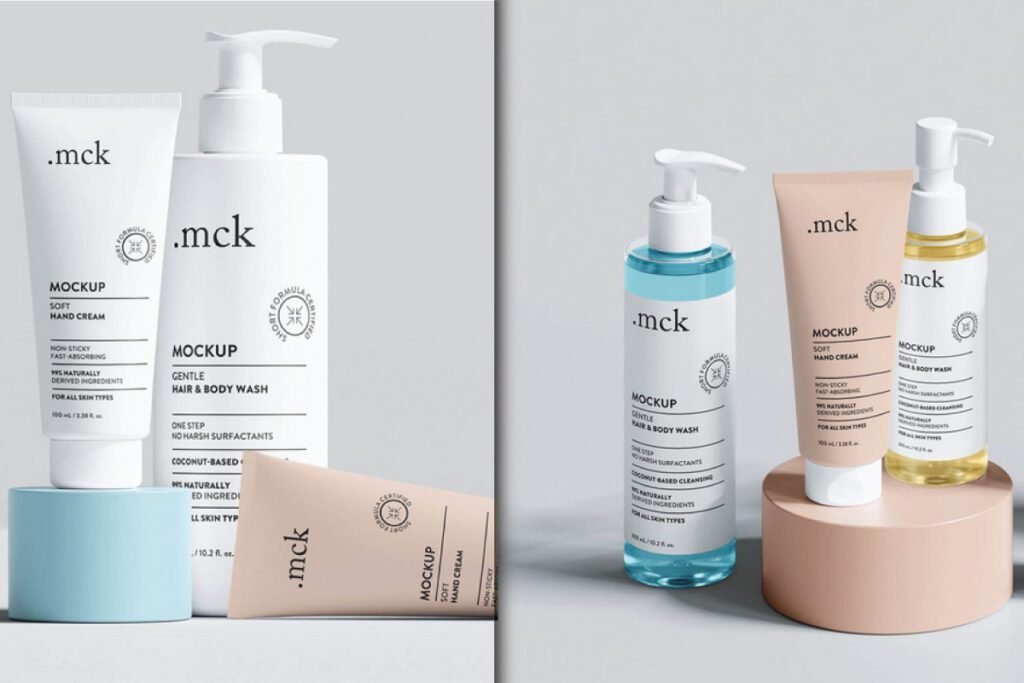 A diptych showcasing various cosmetic product containers, serving as a Cosmetic Branding Mockup PSD.