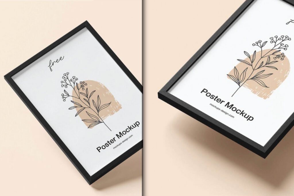 A diptych displaying two identical black-framed posters set at an angle on a light peach surface.