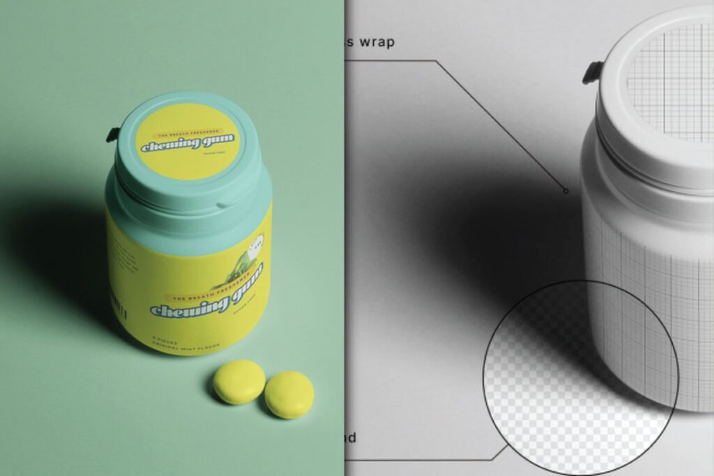A split Gum Jar Mockup PSD showing a yellow-labeled chewing gum jar with two yellow gum pieces on the left, and a grayscale jar with a transparency grid on the right.