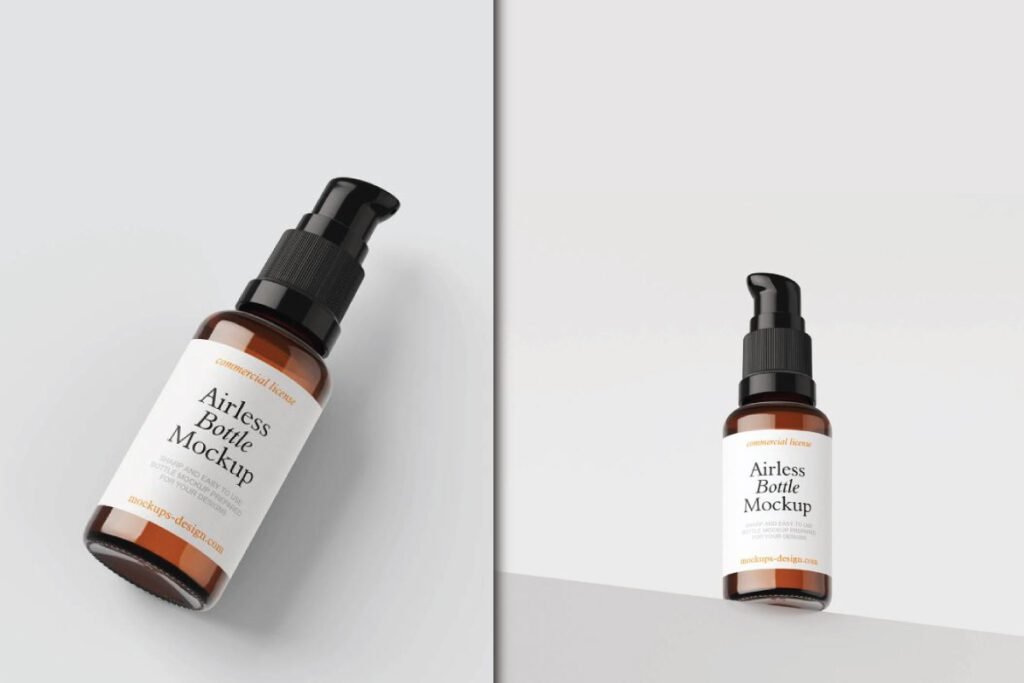 Two amber cosmetic bottles with black pump tops, both showing "Airless Bottle Mockup" on their labels.
