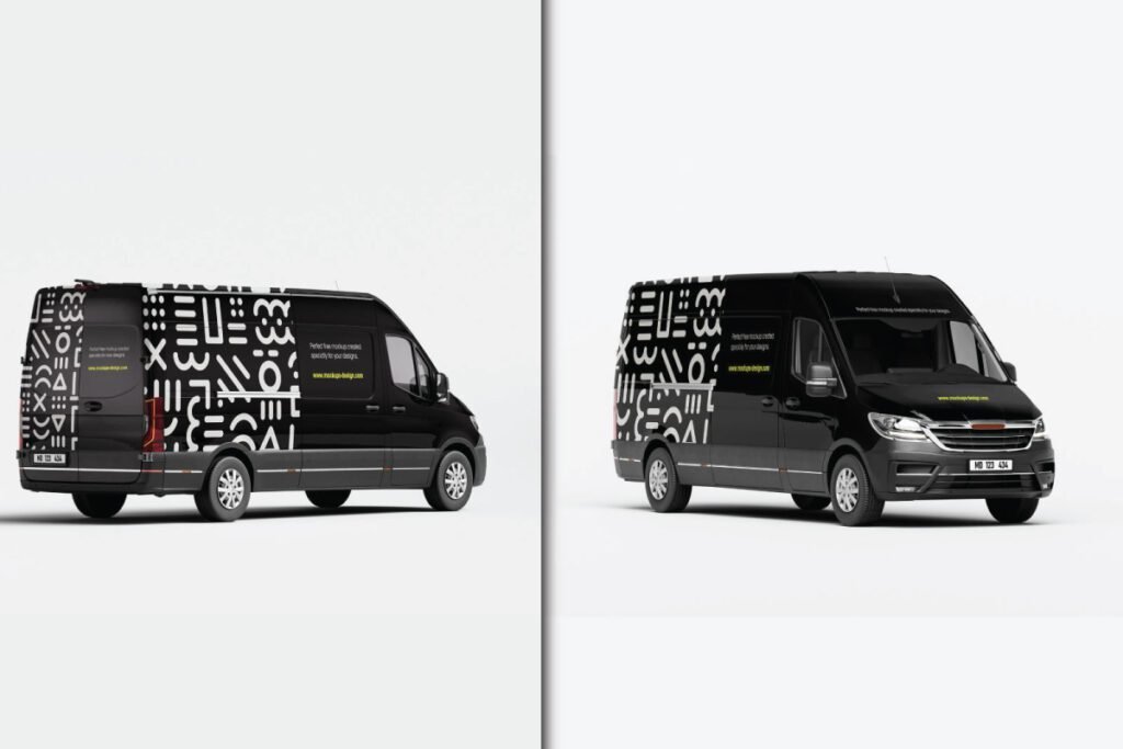 Two black cargo vans, one viewed from the rear-side and the other from the front-side, both displaying a white geometric pattern.