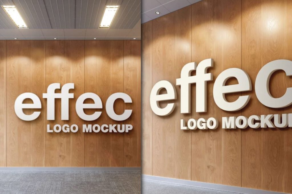 A 3D "effect" Office Interior logo mockup displayed on a wooden wall in an office interior, shown from two different angles.