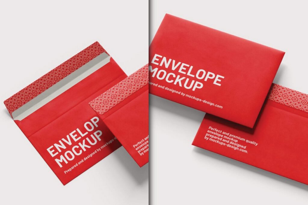 Two red envelopes with white patterned interiors and 4 Angles View Envelope Mockup