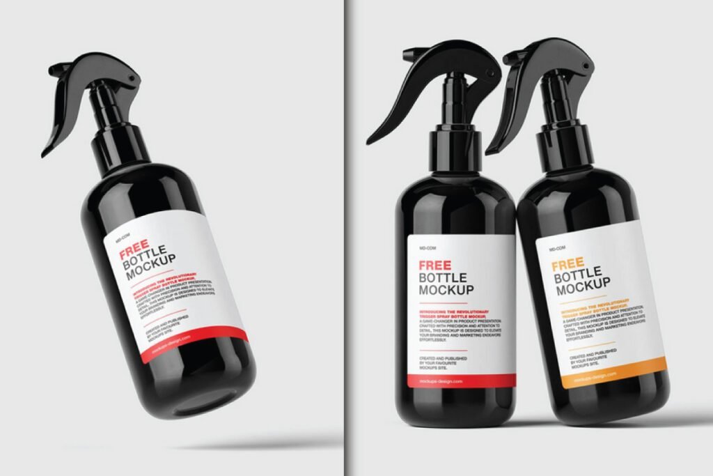 A single tilted black trigger spray bottle and a pair of black trigger spray bottles, all with white and red/orange labels, showcasing a Trigger Hair Spray Bottle Mockup PSD.