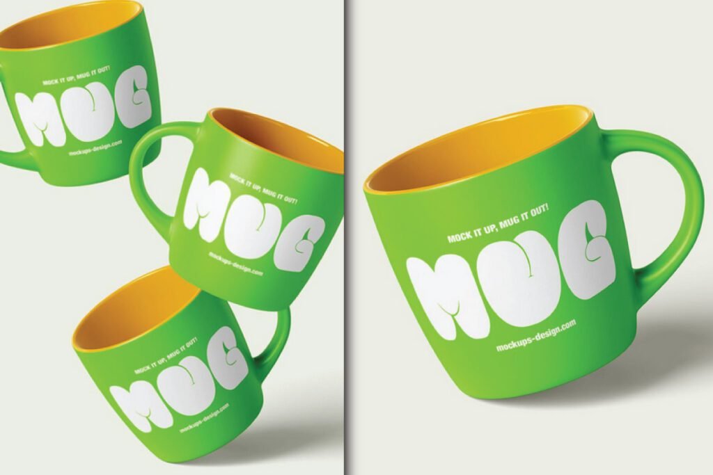 Multiple green ceramic matte mugs with yellow interiors and white MUG text, showcasing a 5 Shots Ceramic Matte Mug Mockup PSD.