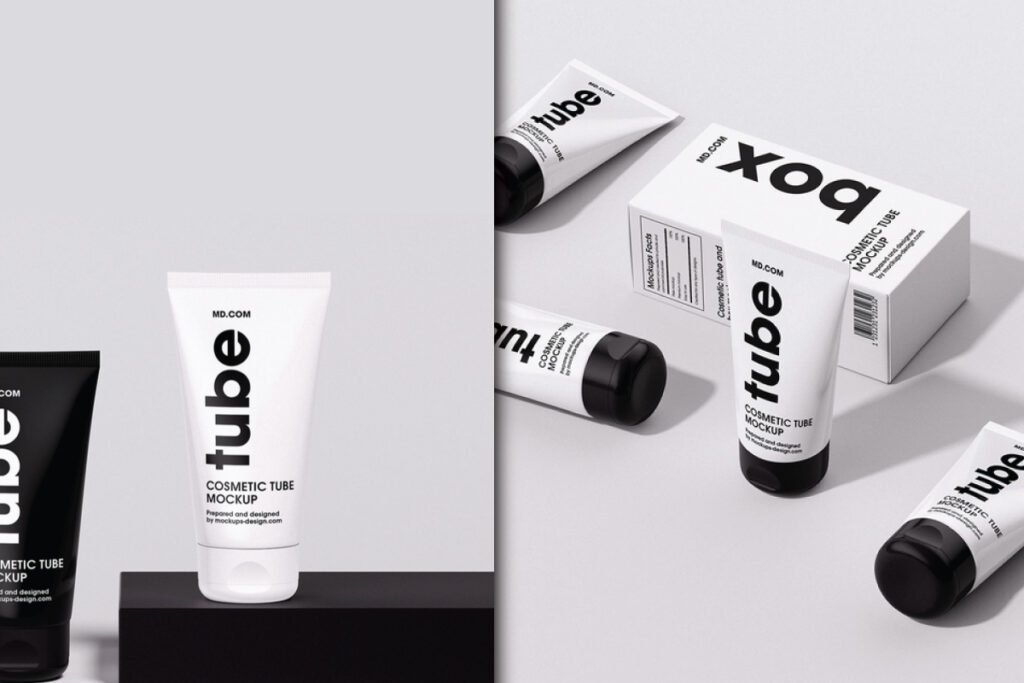 White cosmetic tubes and boxes with black accents, labeled Cosmetic Tube Mockup, from a 6 Angles Cosmetic Tubes and Box Mockup PSD.