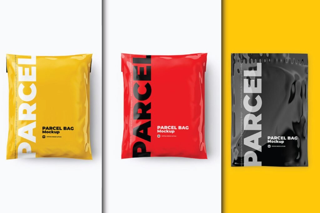 Three colorful parcel bags in yellow red and black each with "PARCEL" printed vertically.