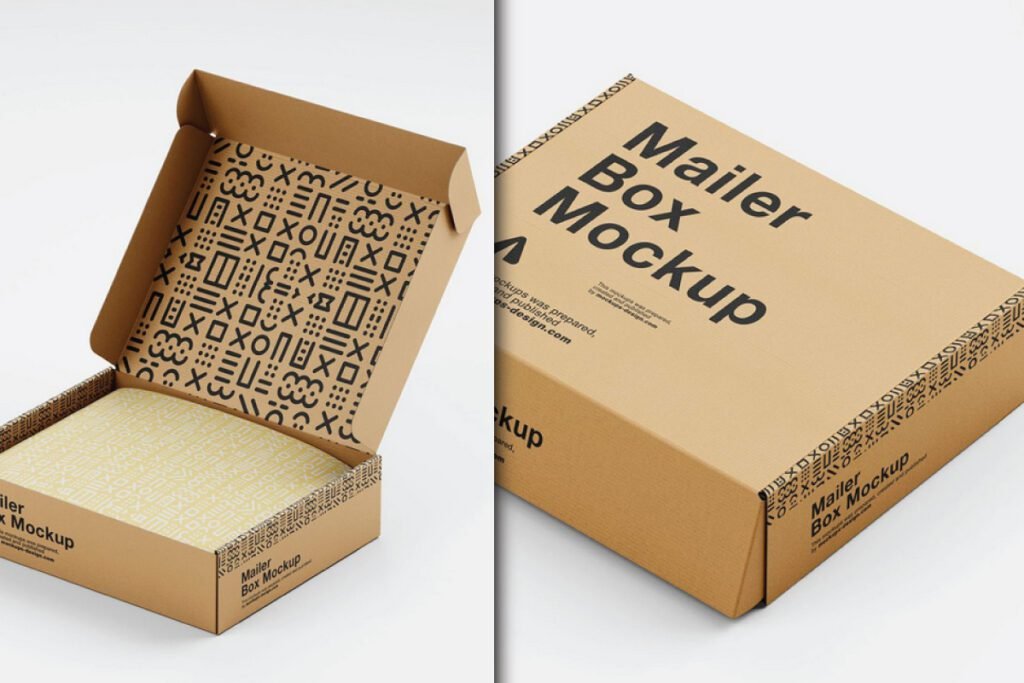 An open brown cardboard box with patterned interior and a closed brown cardboard box are displayed, showcasing the Crafted Cardboard Box Mockup PSD.