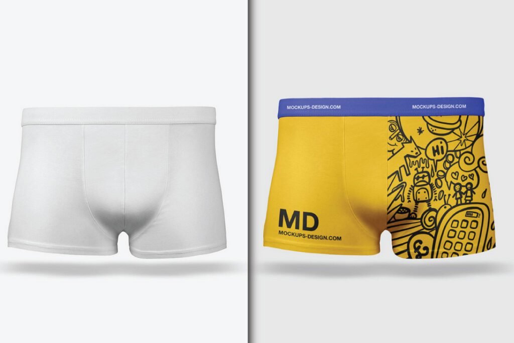 A plain white male underwear boxer and a yellow male underwear boxer with a doodle pattern are displayed, showcasing the Male Underwear Mockup PSD.