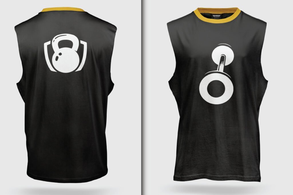 A black fitness tank top with a gold collar is displayed, showing a white kettlebell logo on the back and a white dumbbell logo on the front, showcasing the Fitness Single Tank Top Mockup PSD.