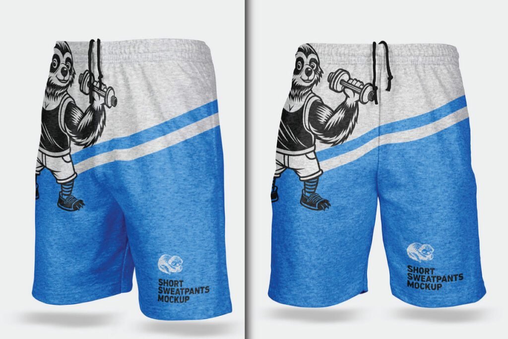 A pair of Teenage Short Sweatpants Mockup PSD with a light gray top half and a blue bottom half, separated by white diagonal stripes. The shorts feature a graphic of a sloth lifting weights on the front.