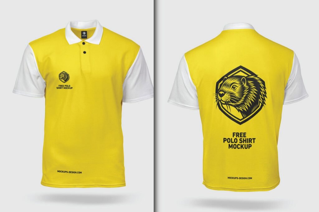 Front and back views of a yellow and white Youth Polo Shirt Mockup PSD. The front has a small lion emblem, while the back features a large lion head in a hexagon.