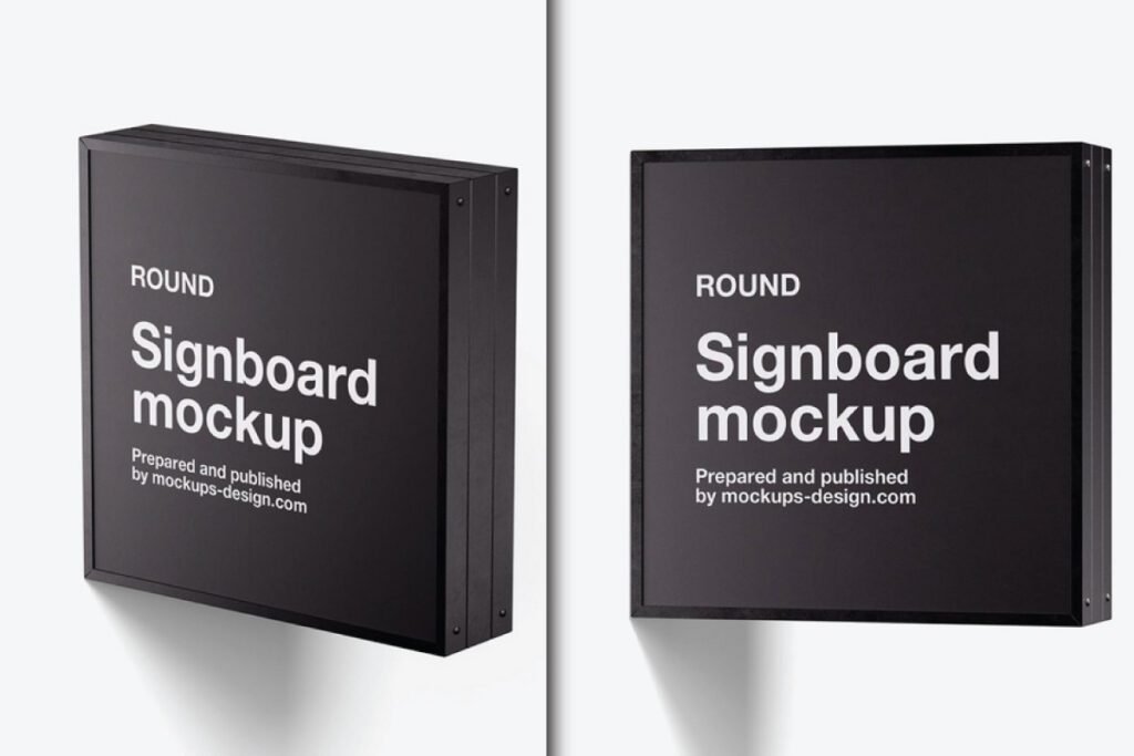 Two square black signboards with white text "ROUND Signboard mockup" are displayed against a white background, showcasing the Square White Wall 3D Sign Mockup PSD.