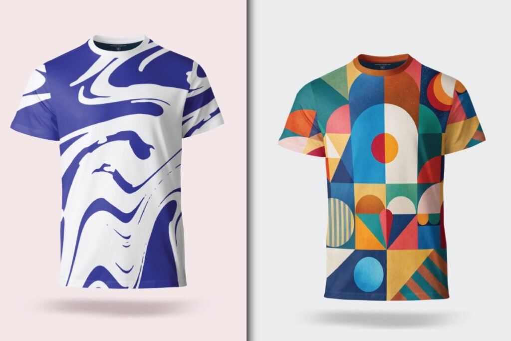Two Men’s Crew Neck T-Shirt Mockup PSD examples: one with a blue and white abstract marble pattern, and another with a colorful geometric design.