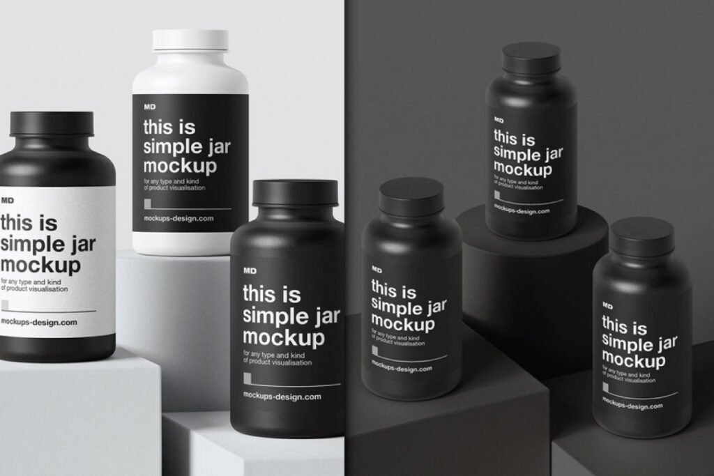 A collection of black and white supplement container jar mockup PSDs displayed on white and dark gray geometric risers.