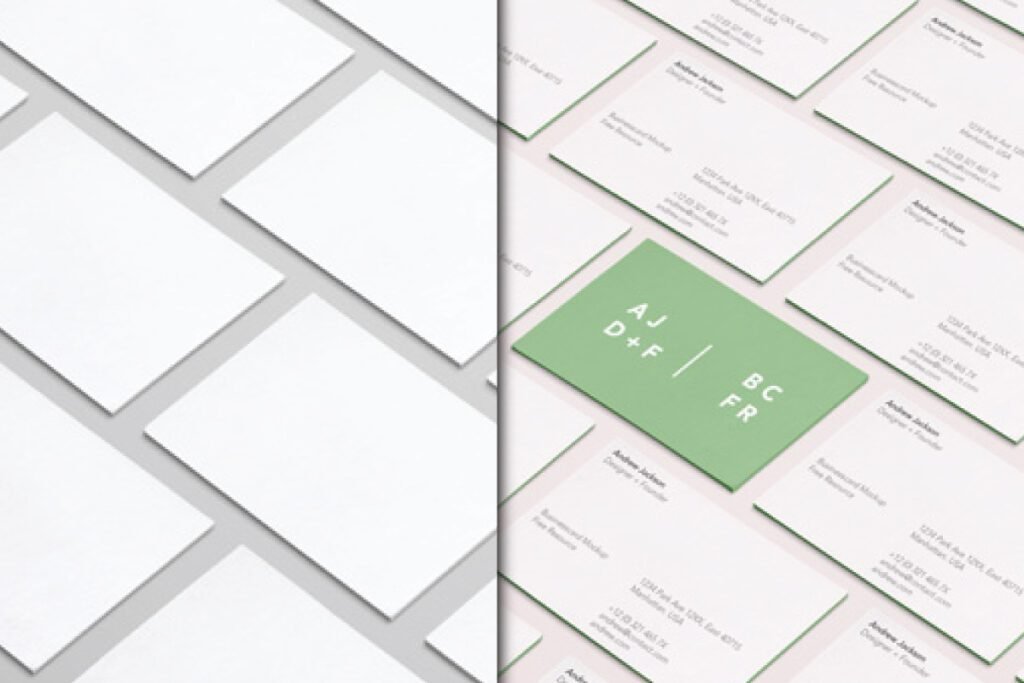 A split image showing on the left a grid of blank white business cards, and on the right a grid perspective business card mockup PSD with white and one green business card displaying contact details.