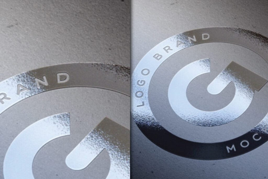 Two detailed views of a Silver Glossy Foil Logo MockUp PSD, highlighting the metallic sheen of a "G" shaped logo and brand text on a textured grey background.