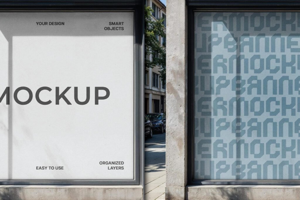 A large blank Square Storefront Sign Banner Mockup next to a window with a repeating patterned text.
