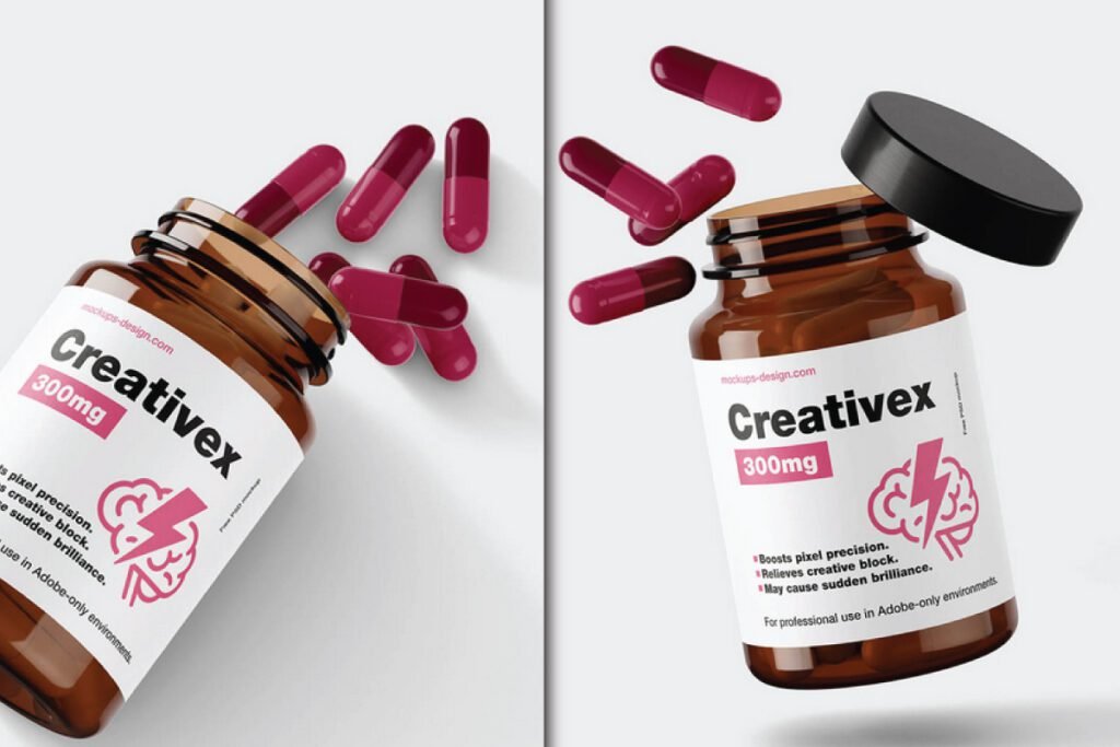 Pharmaceutical Capsule Jar Mockup PSD featuring brown bottles and floating pink capsules, perfect for branding.